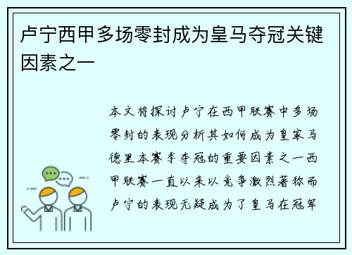 卢宁西甲多场零封成为皇马夺冠关键因素之一